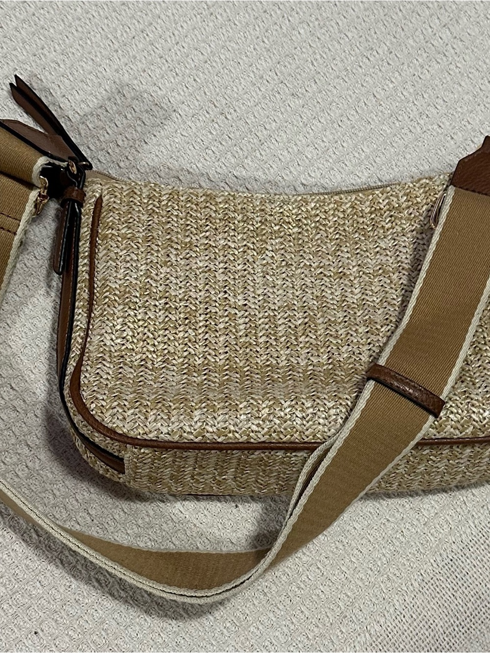 Woven Straw Crossbody Bag with Brown Trim